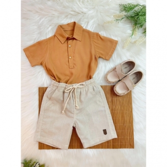 Conjunto Camisa Caqui Com Bermuda Bege de Cordão