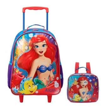 Kit Mochila de Rodinhas Escolar + Lancheira da Princesa Disney Ariel Metálica