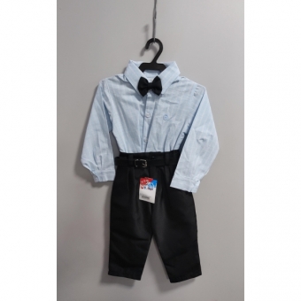 Conjunto Infantil Camisa Listrada Azul e Calça Preta Cinto