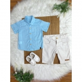 Conjunto Meninos Camisa Azul Mescla Bermuda Bege Casual