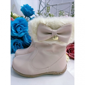 Botinha Infantil Marfim Courino Lacinho e Pingente C/ Zíper