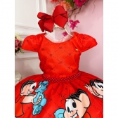 Vestido Infantil Vermelho Mônica e Cascão Cinto de Pérolas - Vermelho