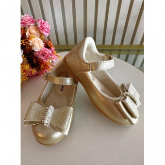 Sapatinho Ouro Com Aplique de Lacinho e Strass Glitter