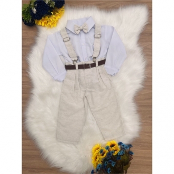 Conjunto Infantil Suspensório Cinto Gravata Branco Bege