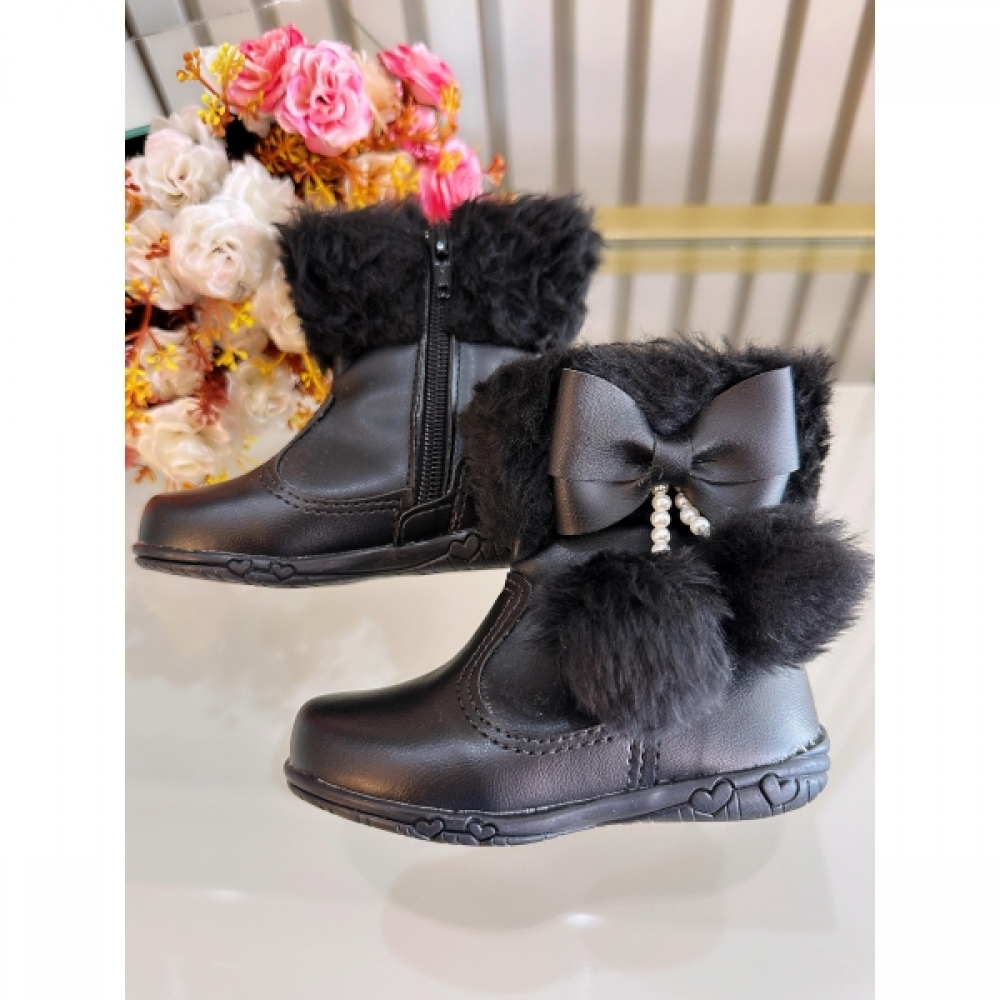 Botinha Infantil Preto Laço e Pompom Com Zíper Super Luxo