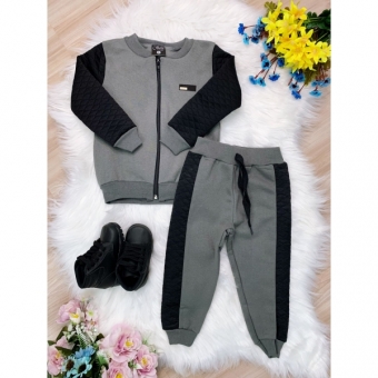 Conjunto de Moletom Jaqueta e Calça Cinza Escuro e Preto